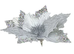 Pick & Berries>Christmas World Clip On Silver Poinsettia With Sequins And Glitter (30Cm)