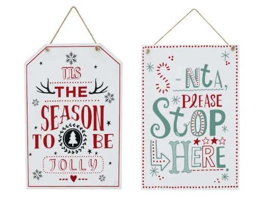 Hanging Decorations>Christmas World Hanging White Christmas Sign Asst - Santa Please Stop Here