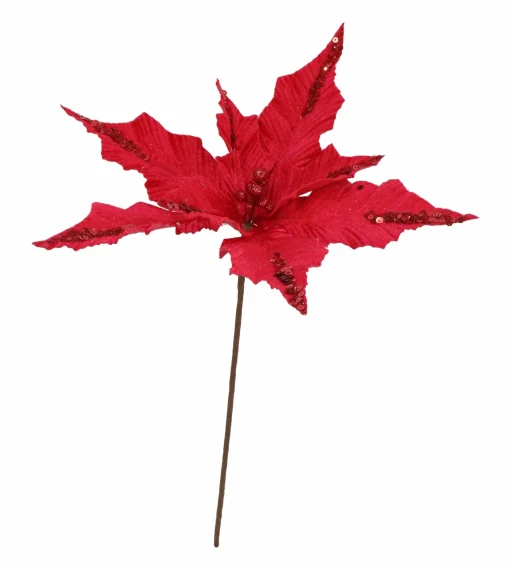 Traditional & Berry>Christmas World Red Mix Velvet Poinsettia Pick (30Cm)
