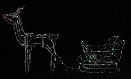 Solar Lights>Christmas World Solar Sleigh With Reindeer (White-Red-Green)