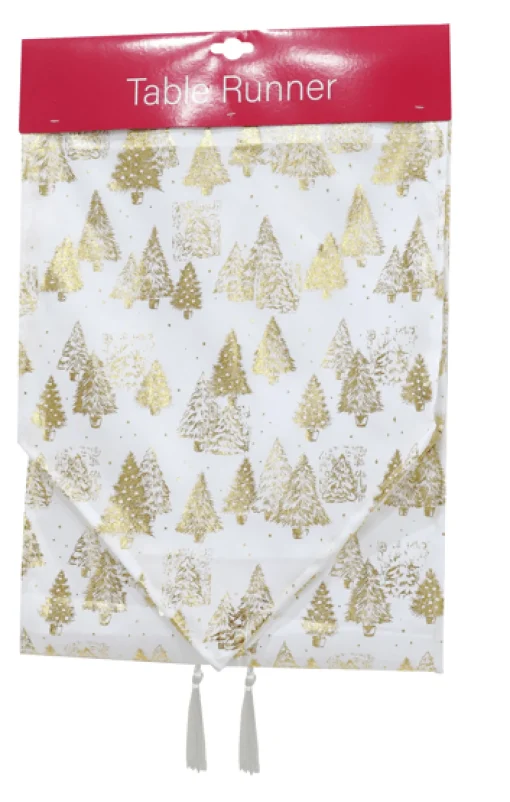 Touch Of Elegance>Christmas World White Foil Runner Asst (180Cm) - Gold Trees